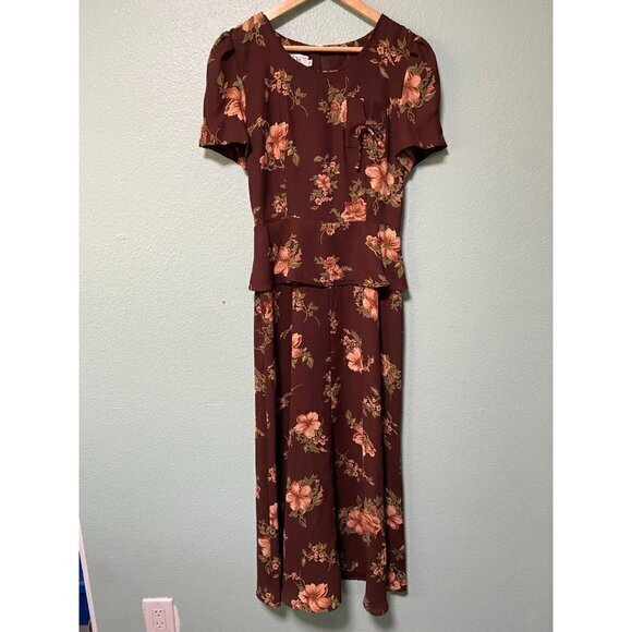 Vintage CDC Women's Brown and Pink Floral Flower Short Sleeve‎ Dress Size 8 - Picture 1 of 9
